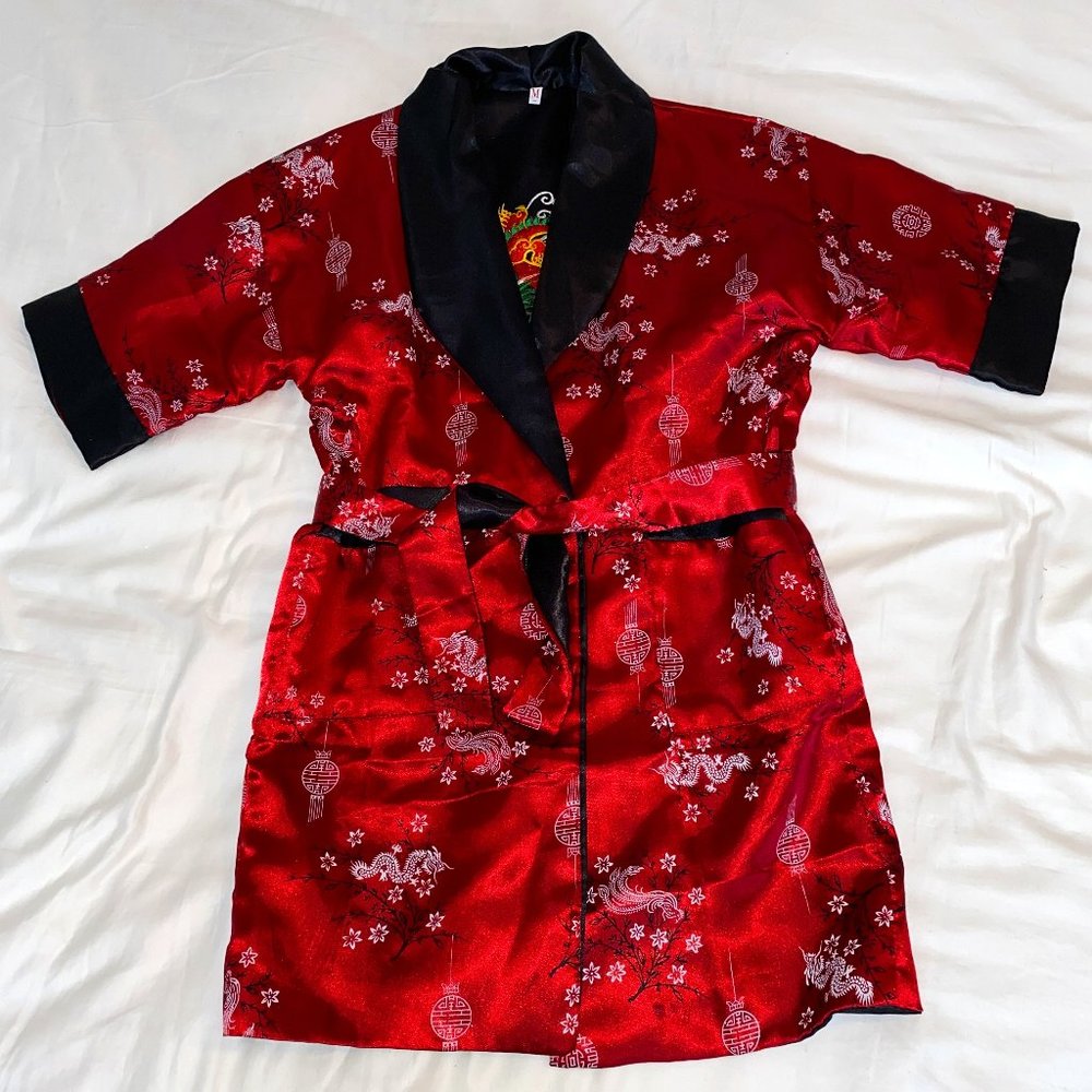 Fancy red Satin-like House Asian Robe for child size Medium (ages 6 ot 8)
